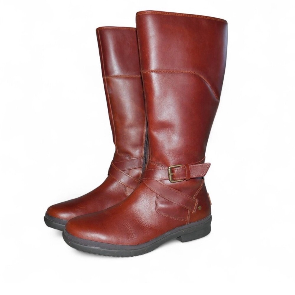 UGG Evanna Chestnut Waterproof Leather Tall Riding Boots with Wool Lining